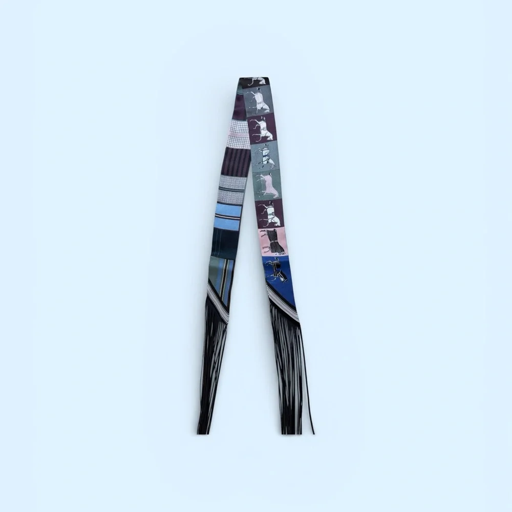 Fringe Handbag Wrap/ Scarf in Color: Blue Fringe with Pink/Blue Horse Pattern